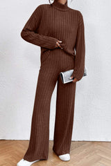 Mock Neck Dropped Shoulder Top and Pants Set - Trendsi - Flyclothing LLC