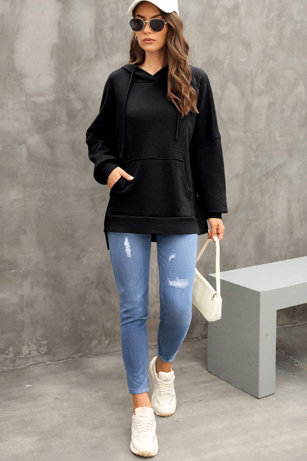Waffle-Knit Long Sleeve Hoodie - Trendsi - Flyclothing LLC