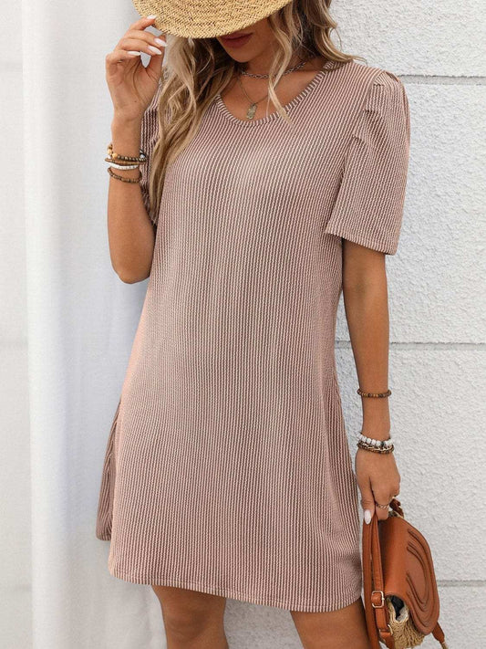 Textured Round Neck Short Sleeve Mini Dress - Trendsi - Flyclothing LLC
