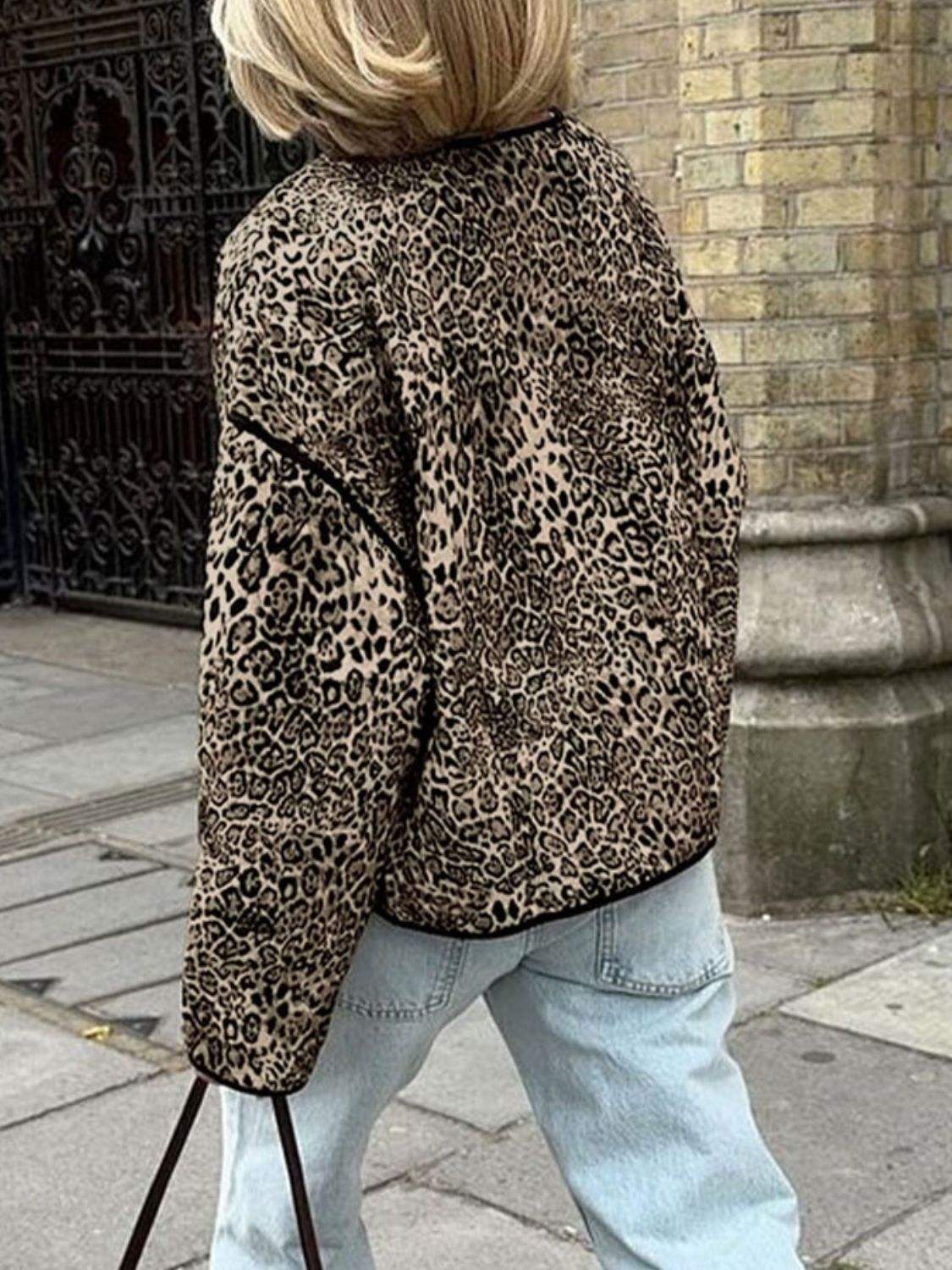 Perfee Leopard Open Front Long Sleeve Jacket - Trendsi - Flyclothing LLC