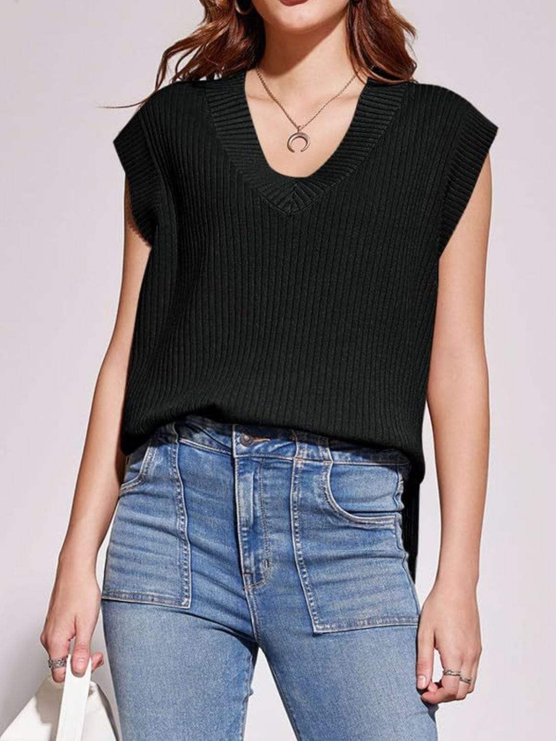 Mandy Ribbed V-Neck Sweater Vest - Trendsi - Flyclothing LLC