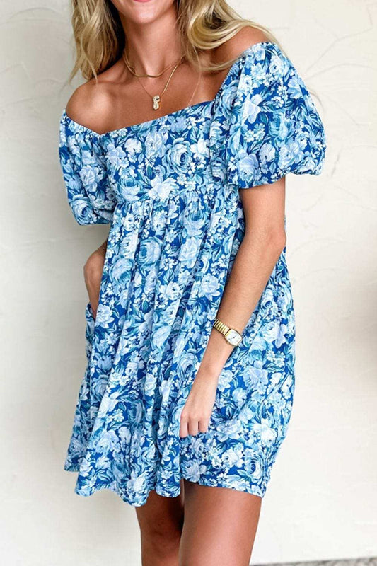 Floral Puff Sleeve Babydoll Mini Dress - Trendsi - Flyclothing LLC