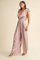 MABLE 3D Floral Applique Deep Cowl Neck Jumpsuit - Trendsi - Flyclothing LLC