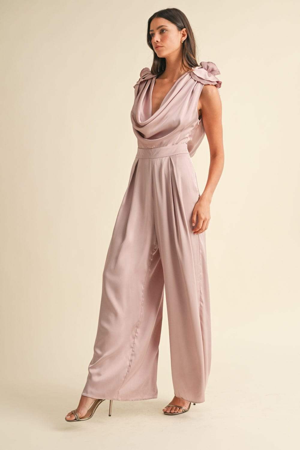 MABLE 3D Floral Applique Deep Cowl Neck Jumpsuit - Trendsi - Flyclothing LLC