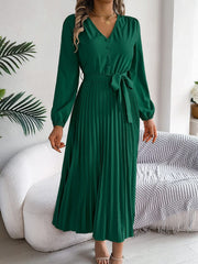 Pleated Tied V-Neck Long Sleeve Dress - Trendsi