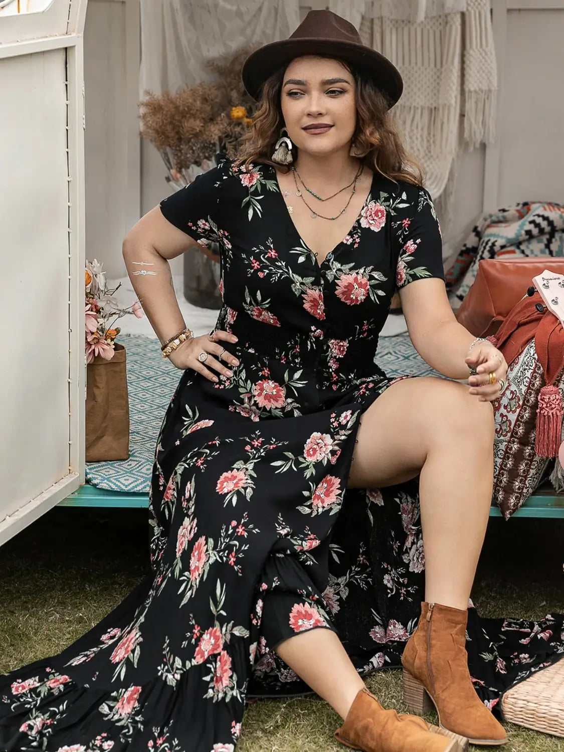 Plus Size Button Detail Printed V-Neck Short Sleeve Maxi Dress - Trendsi - Flyclothing LLC