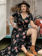 Plus Size Button Detail Printed V-Neck Short Sleeve Maxi Dress - Trendsi - Flyclothing LLC