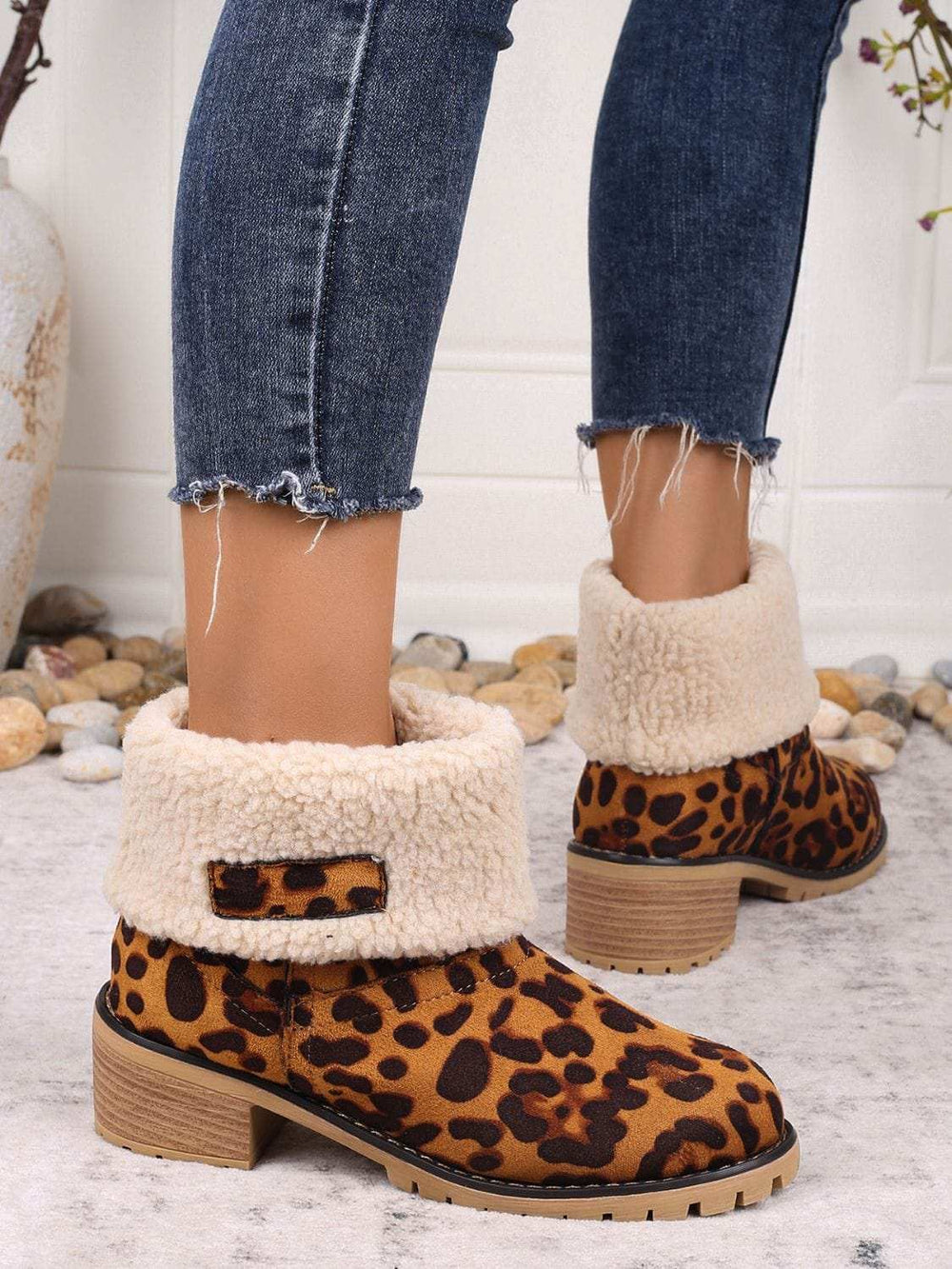 Leopard Block Heel Fuzzy Boots - Trendsi - Flyclothing LLC