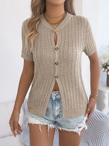 Cable Knit Button Down Short Sleeve Cardigan - Trendsi - Flyclothing LLC