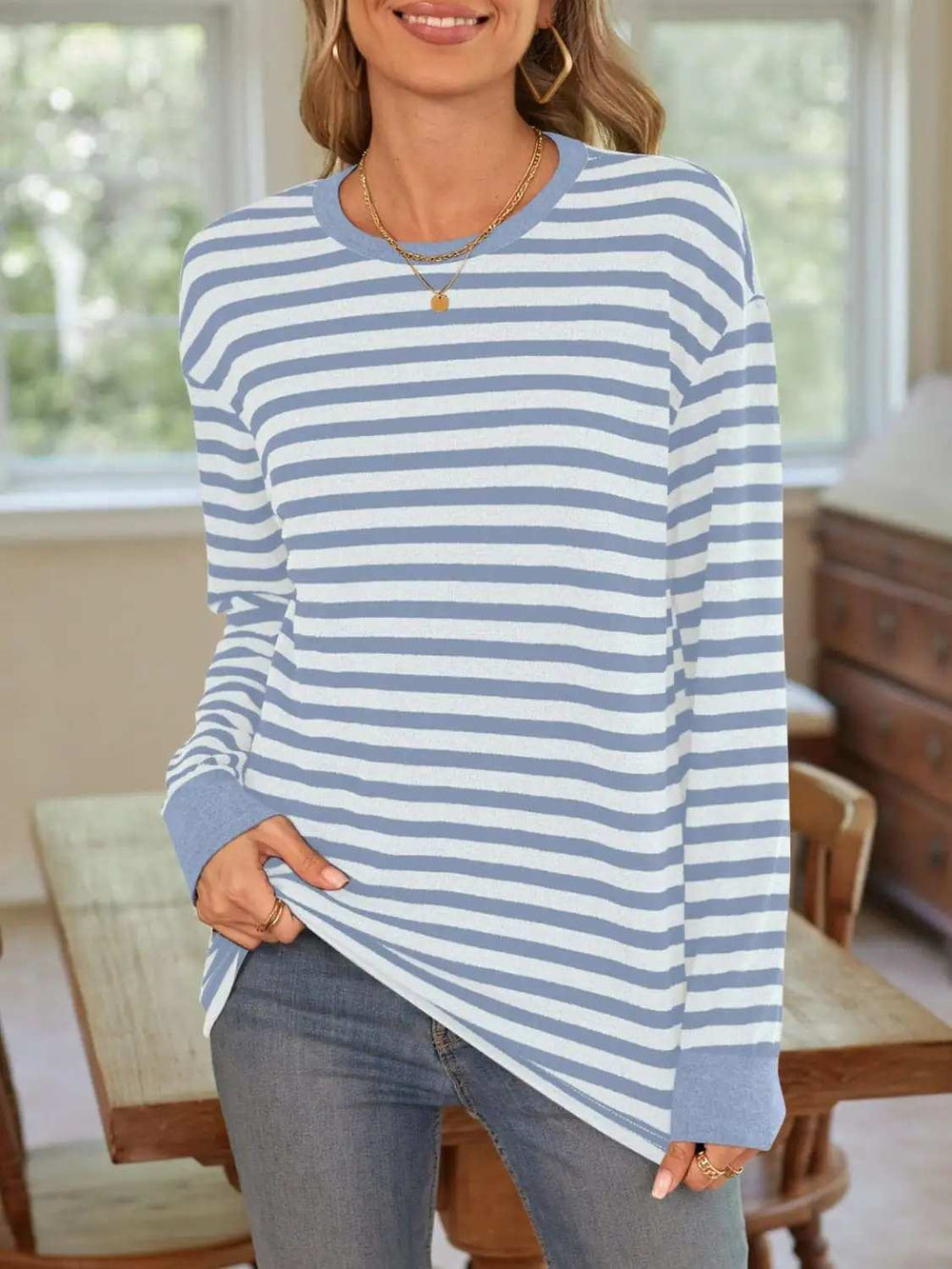 Striped Round Neck Long Sleeve T-Shirt - Trendsi - Flyclothing LLC