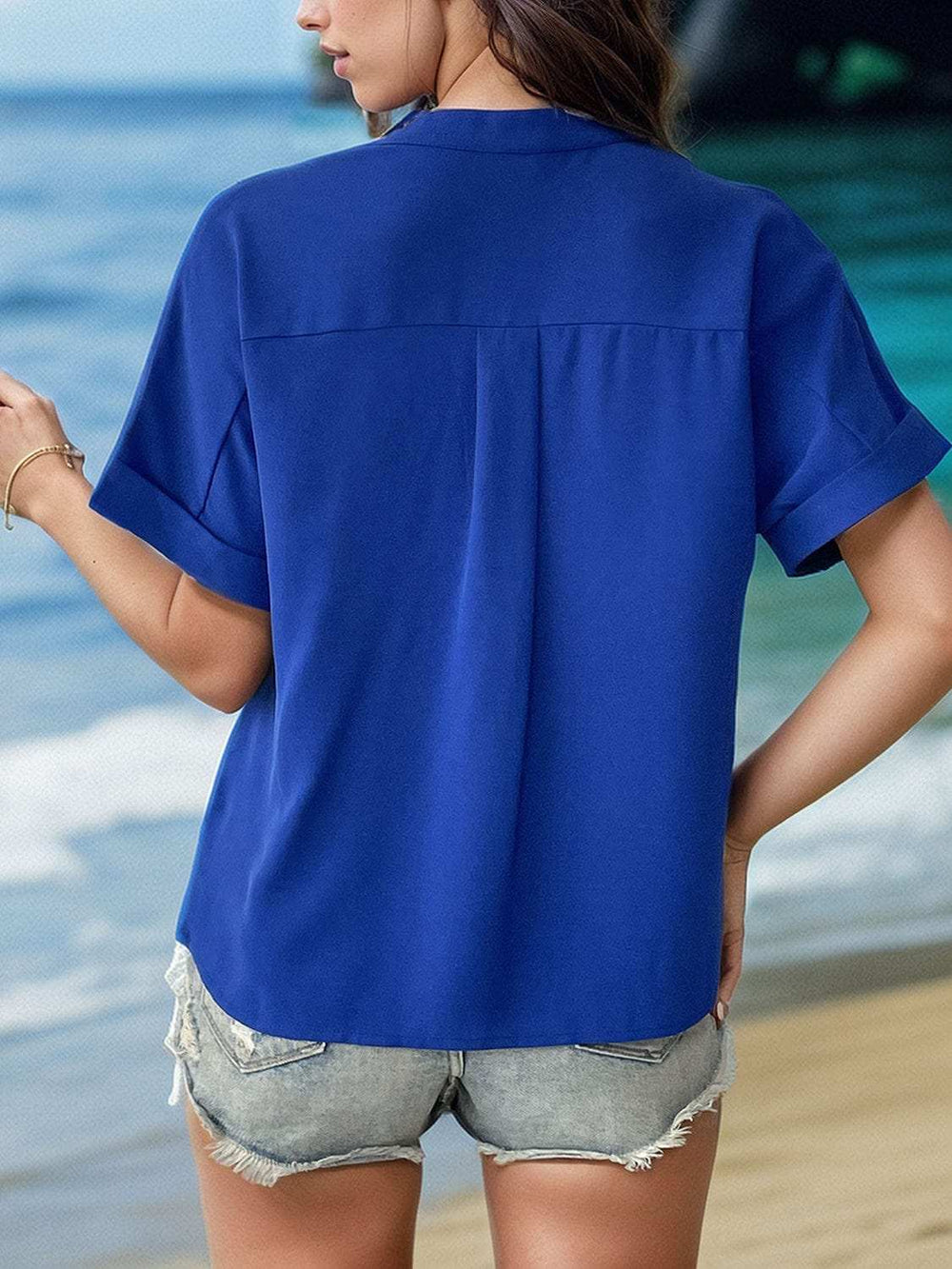 Buttoned Notched Short Sleeve Blouse - Trendsi - Flyclothing LLC