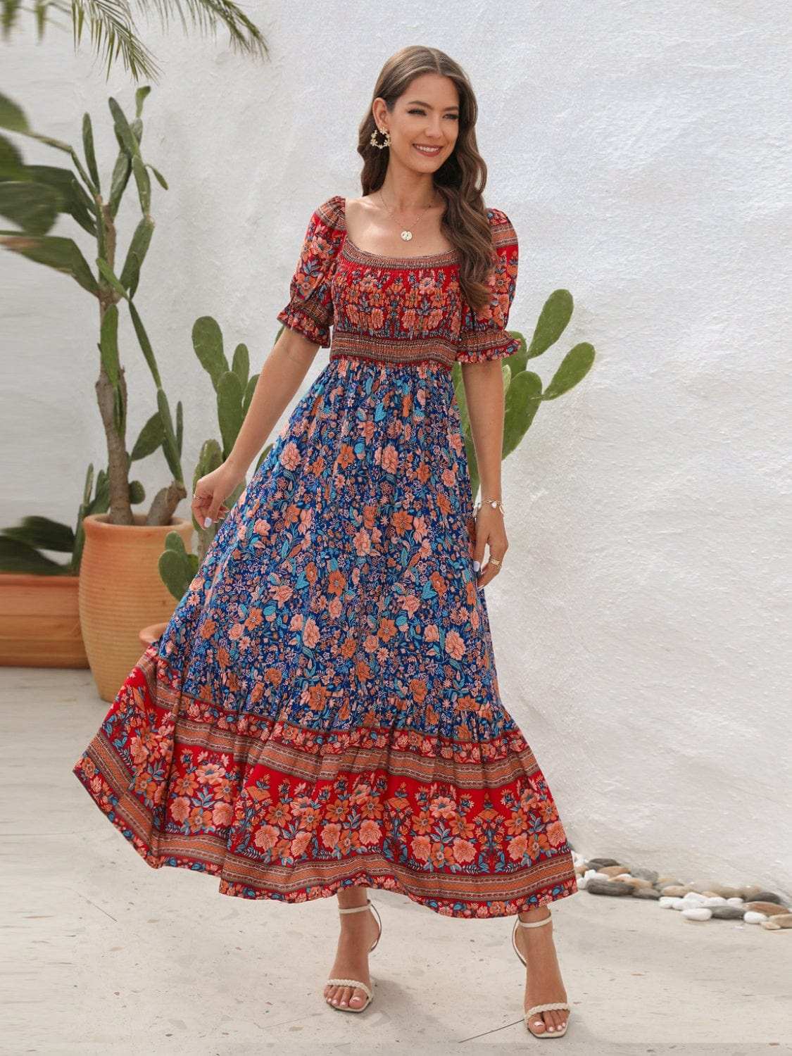 Floral Flounce Sleeve Midi Dress - Trendsi - Flyclothing LLC