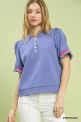 Umgee Puff Sleeve Button Front Top with Contrast Trim - Trendsi - Flyclothing LLC