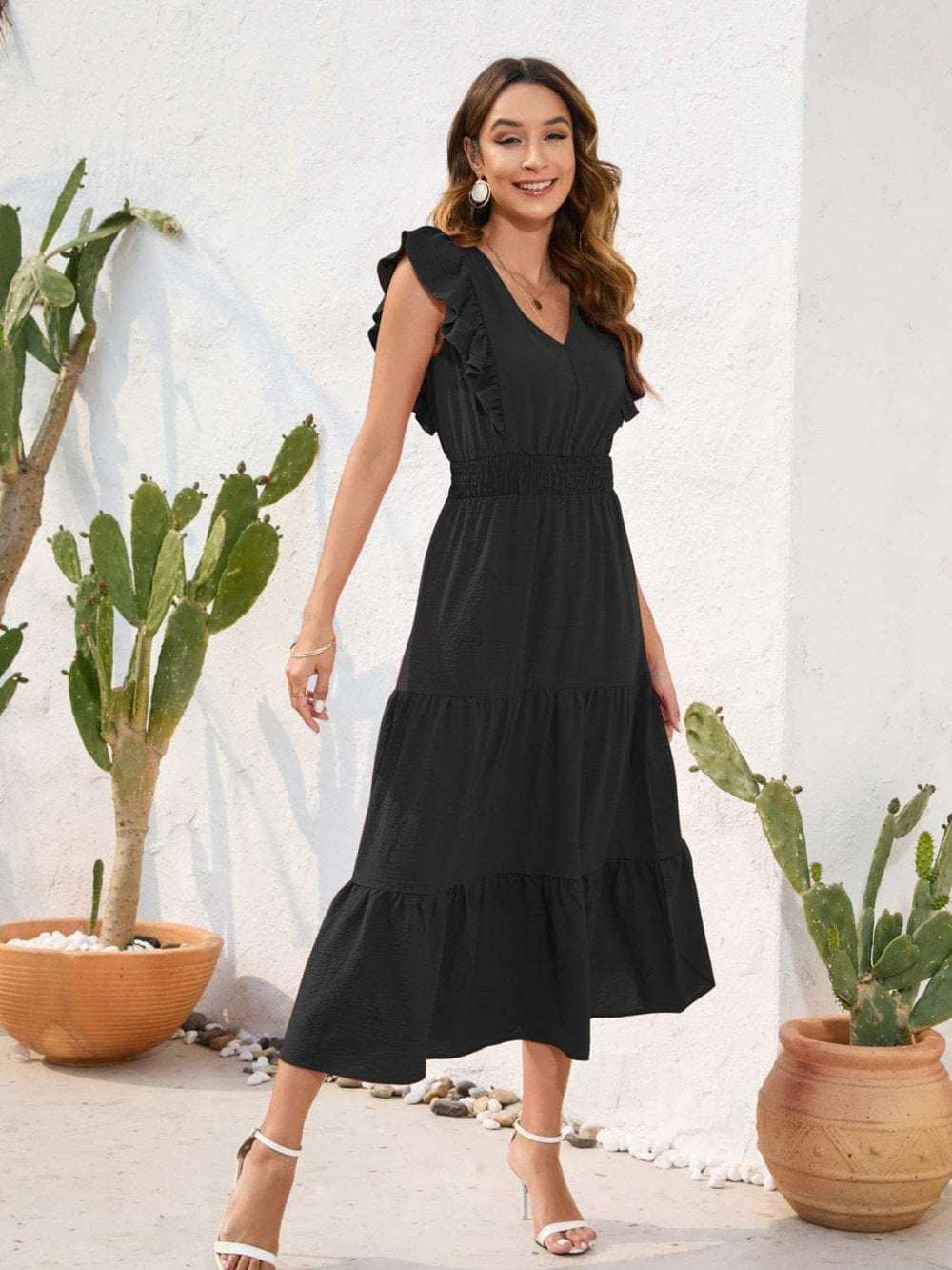 Tiered Ruffled V-Neck Cap Sleeve Dress - Trendsi - Flyclothing LLC
