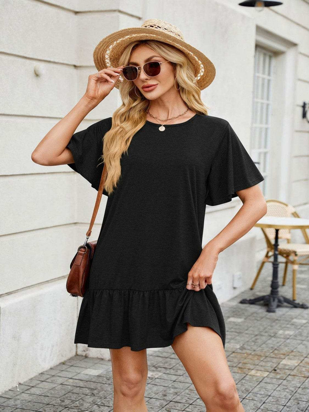 Round Neck Short Sleeve Mini Dress - Trendsi - Flyclothing LLC