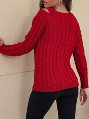 Honey Cable-Knit V-Neck Cold Shoulder Sweater - Trendsi
