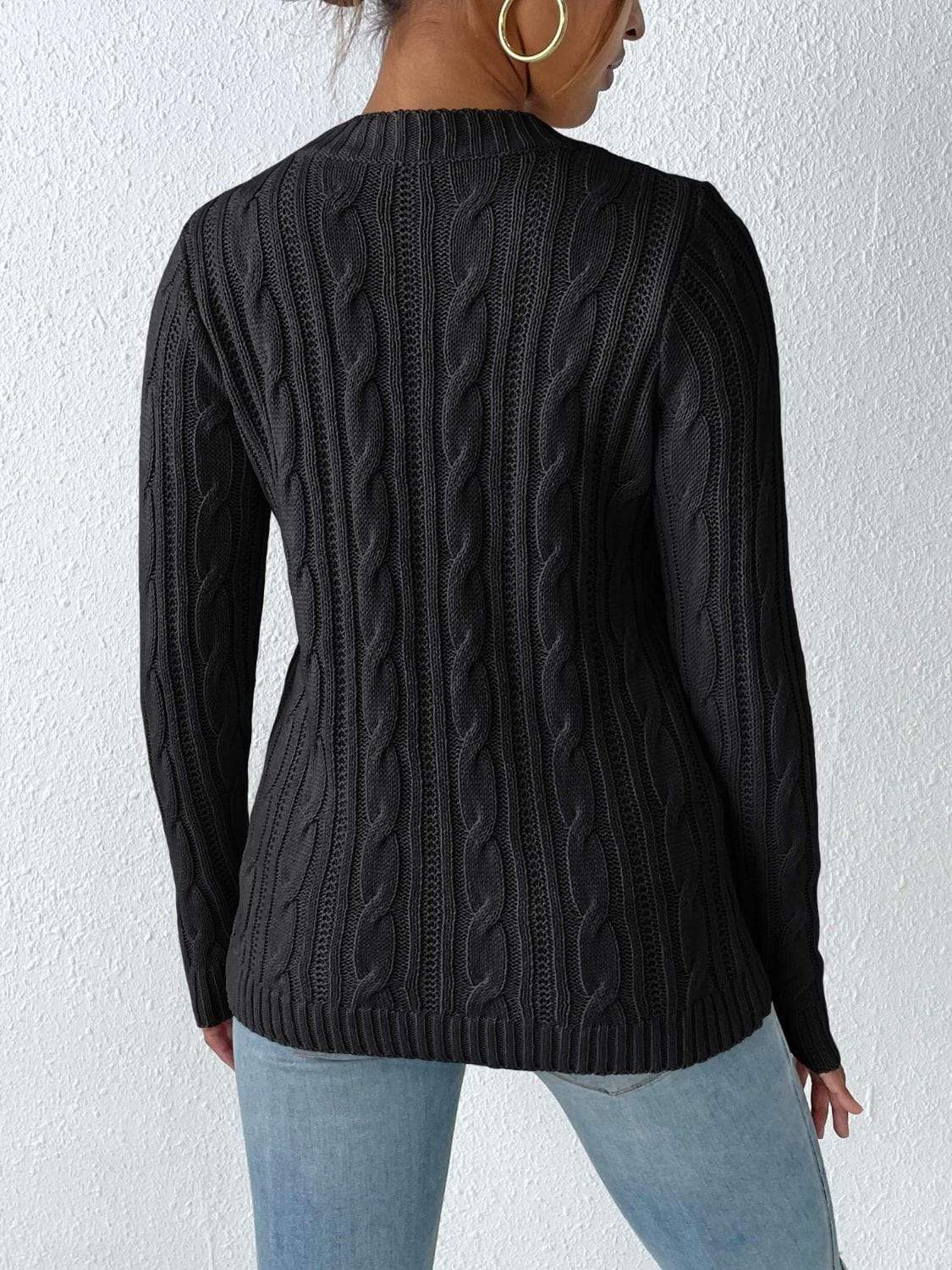 Cable-Knit Heart Round Neck Long Sleeve Sweater - Trendsi - Flyclothing LLC