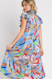 Umgee Full Size Leaf Print Double Layered Ruffle Sleeve Tiered Midi Dress Plus Size - Trendsi