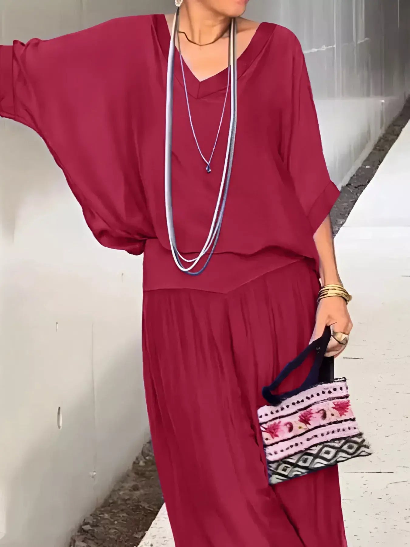 V-Neck Top and Wide Leg Pants Two-Piece Set - Trendsi - Flyclothing LLC