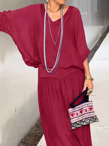 V-Neck Top and Wide Leg Pants Two-Piece Set - Trendsi - Flyclothing LLC