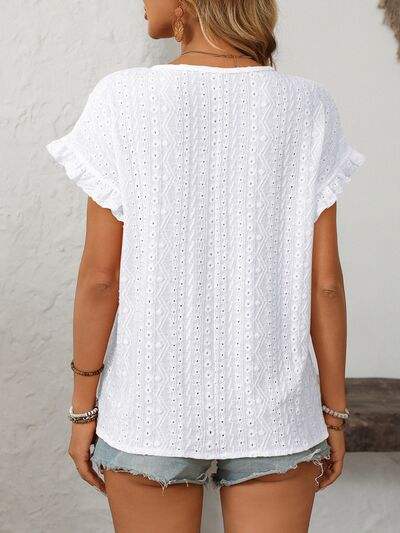 Mandy Eyelet Round Neck Short Sleeve Top - Trendsi - Flyclothing LLC