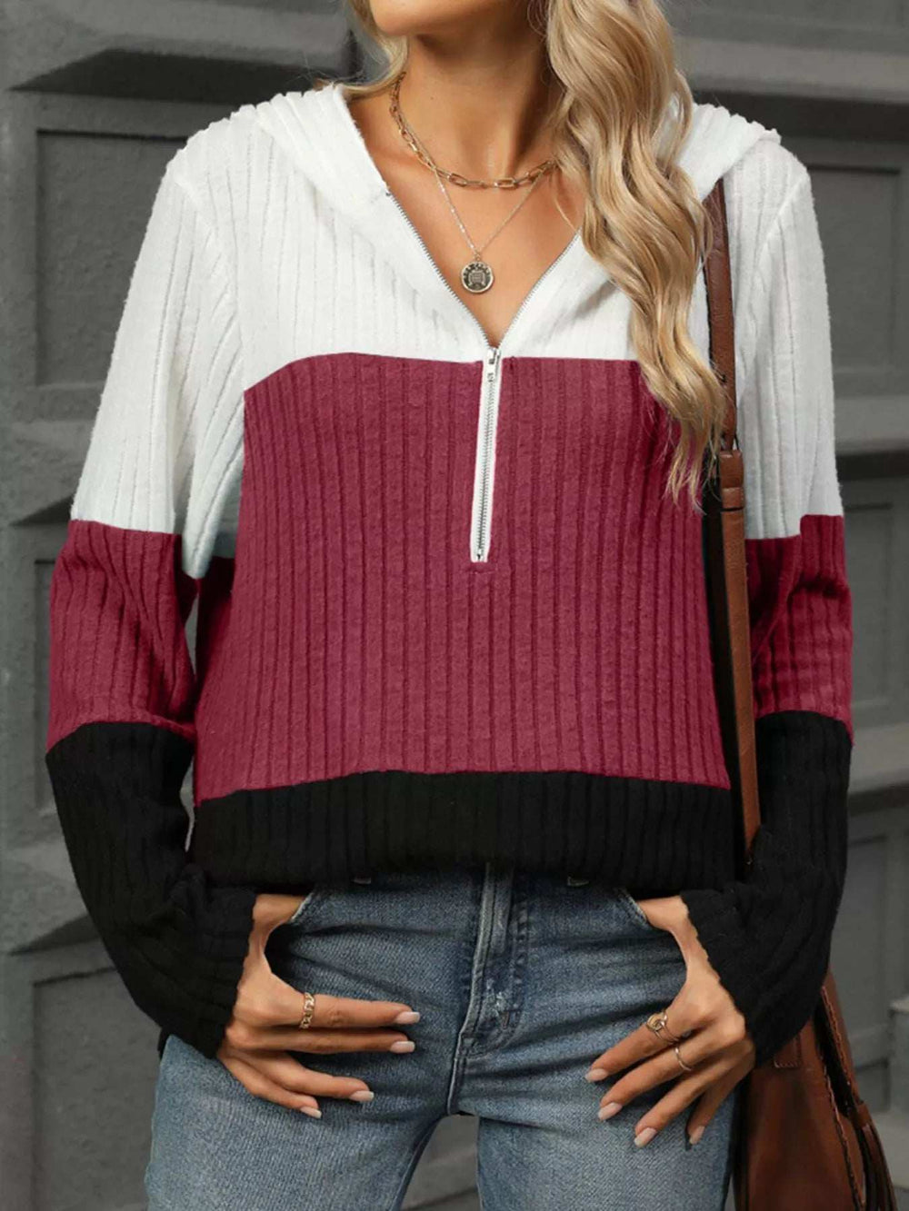 Color Block Half Zip Hooded Top - Trendsi - Flyclothing LLC