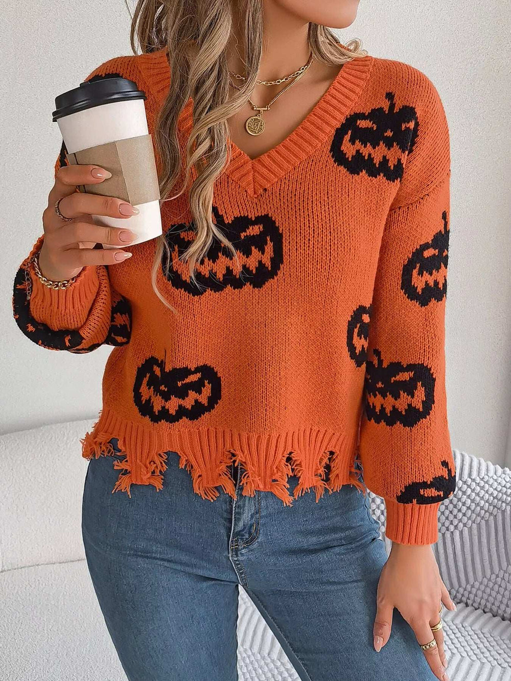 Halloween Pumpkin Pattern Raw Hem V-Neck Sweater - Trendsi - Flyclothing LLC
