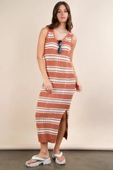 VERY J Stripe Knit Casual Sweater Midi Dress - Trendsi - Flyclothing LLC