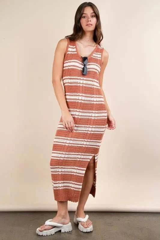 VERY J Stripe Knit Casual Sweater Midi Dress - Trendsi - Flyclothing LLC