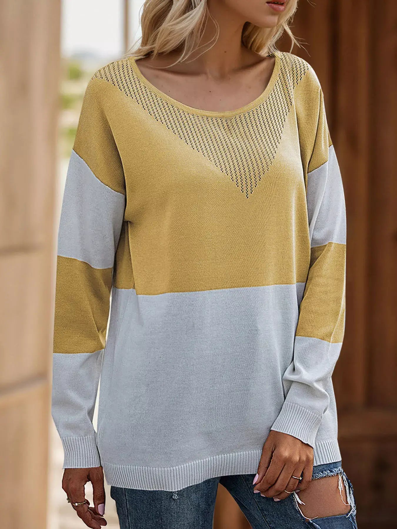 Color Block V-Neck Knit Top - Trendsi - Flyclothing LLC