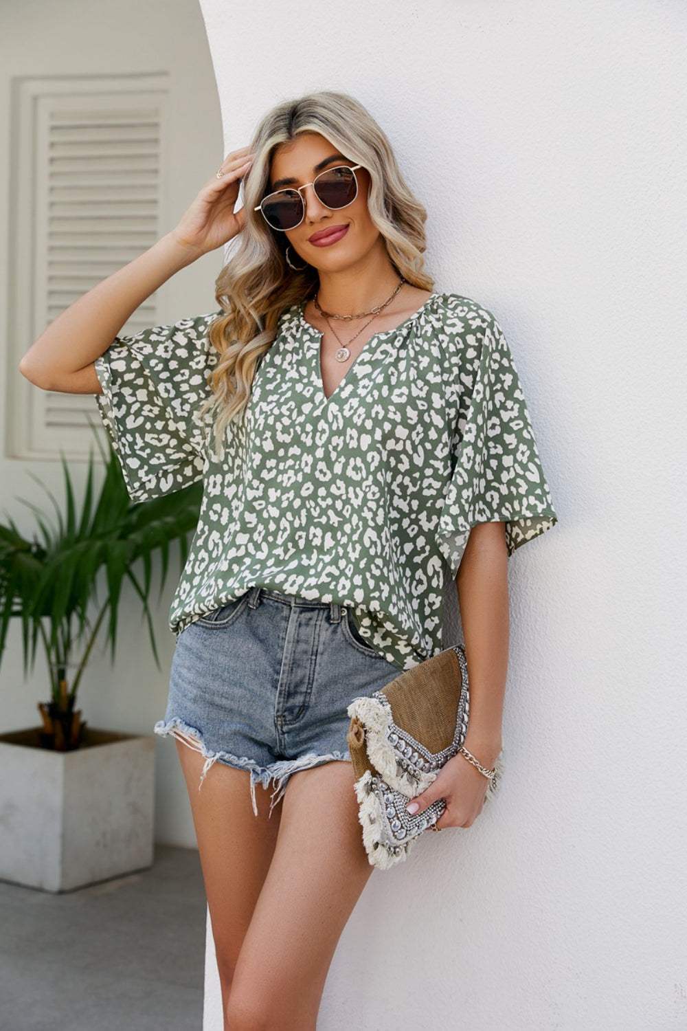 Leopard Notched Half Sleeve Blouse - Trendsi - Flyclothing LLC