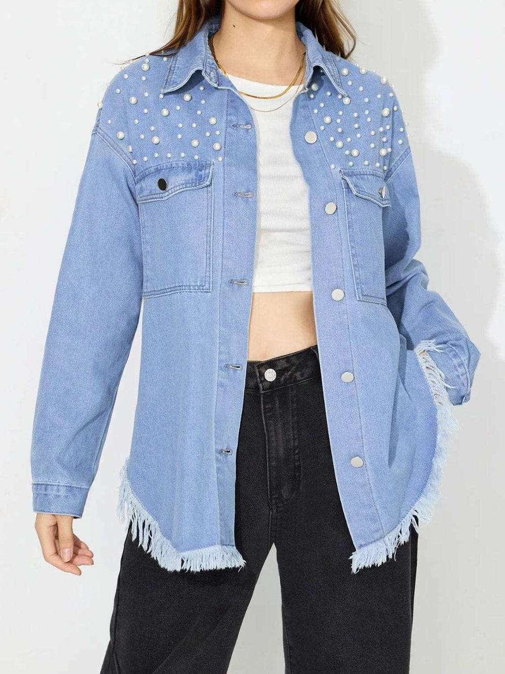 Raw Hem Pearl Trim Collared Neck Denim Top - Trendsi - Flyclothing LLC