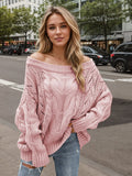 Cable Knit Openwork Off-Shoulder Sweater - Trendsi