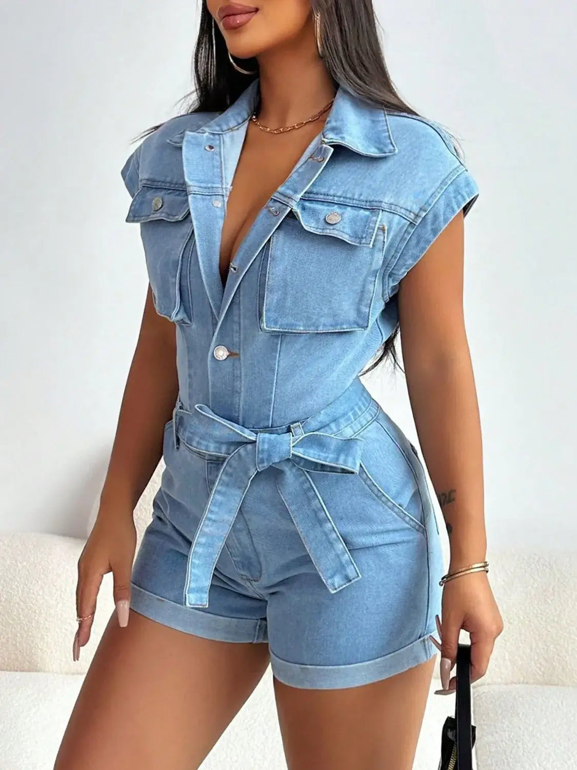Tie Waist Cap Sleeve Denim Romper - Trendsi - Flyclothing LLC