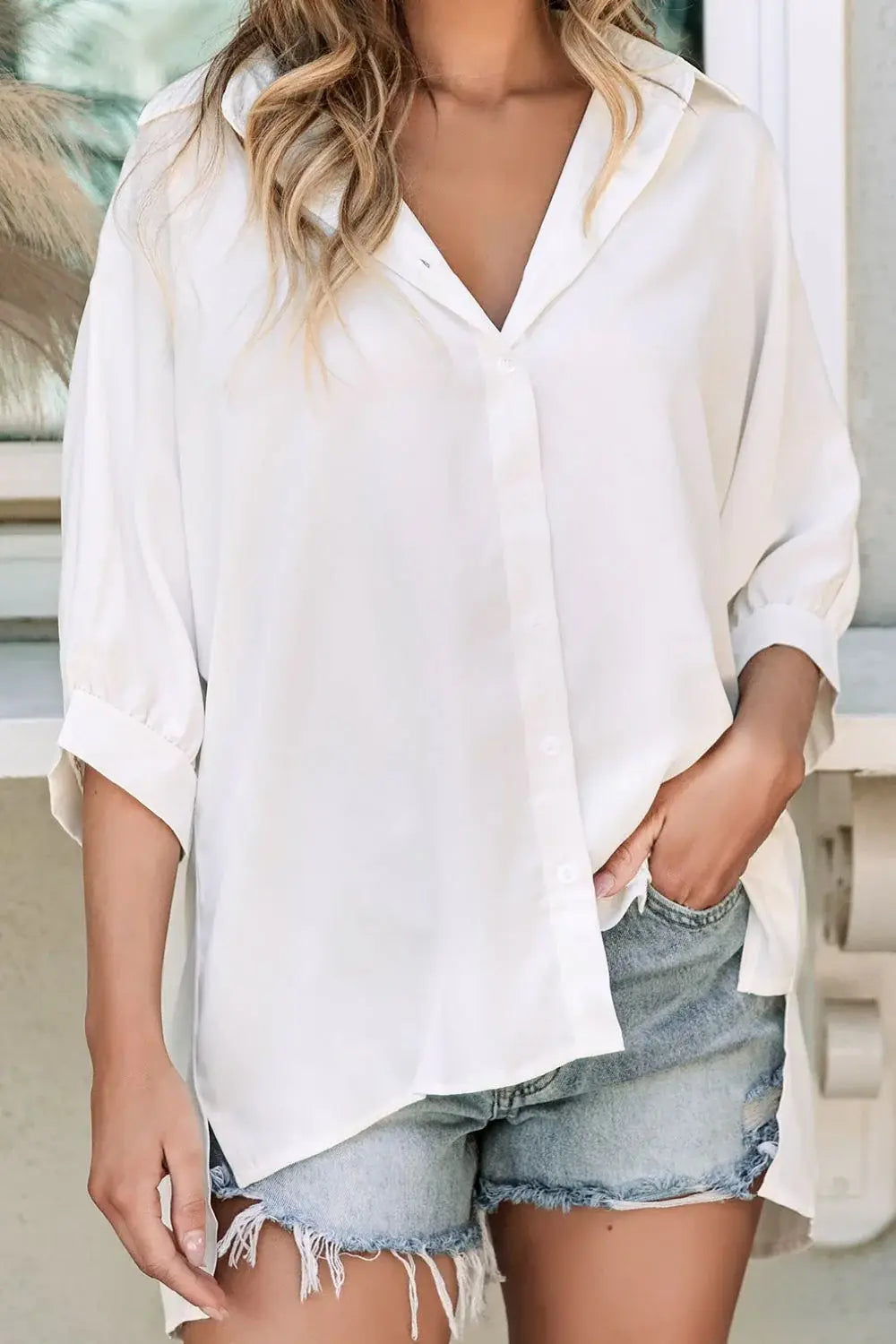 Collared Neck Three-Quarter Sleeve Shirt - Trendsi - Flyclothing LLC