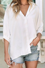 Collared Neck Three-Quarter Sleeve Shirt - Trendsi - Flyclothing LLC