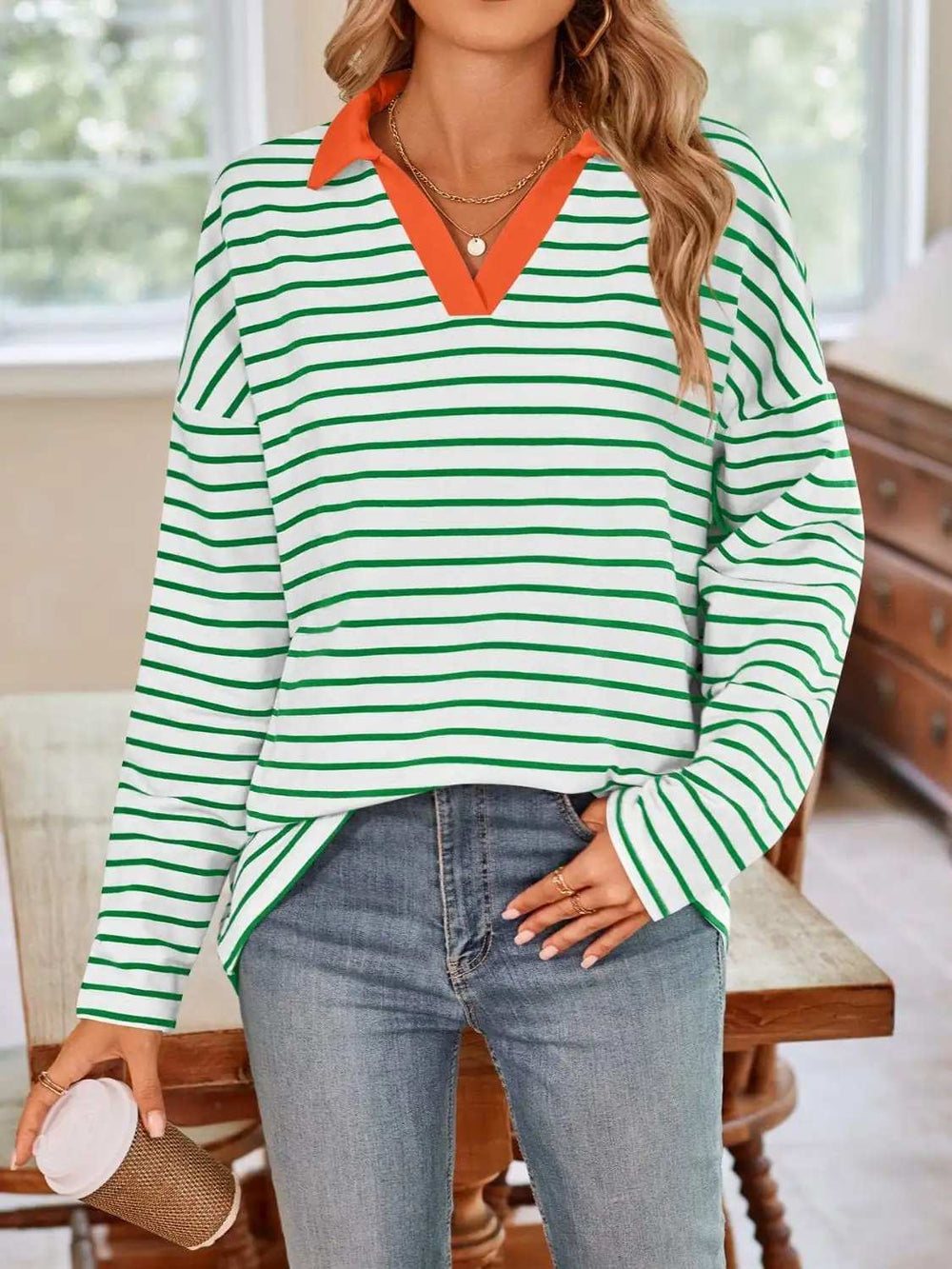 Striped Johnny Collar Long Sleeve T-Shirt - Trendsi - Flyclothing LLC