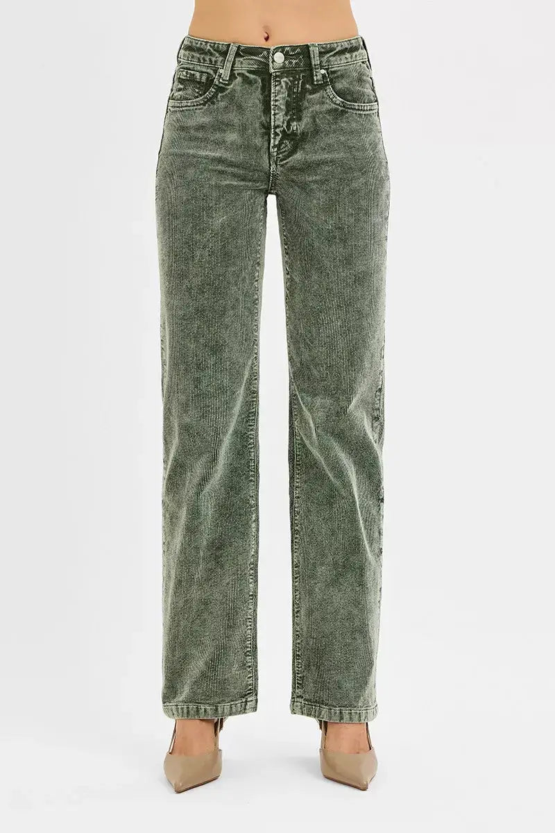 RISEN Tummy Control Mid Rise Straight Leg Corduroy Pants - Trendsi - Flyclothing LLC