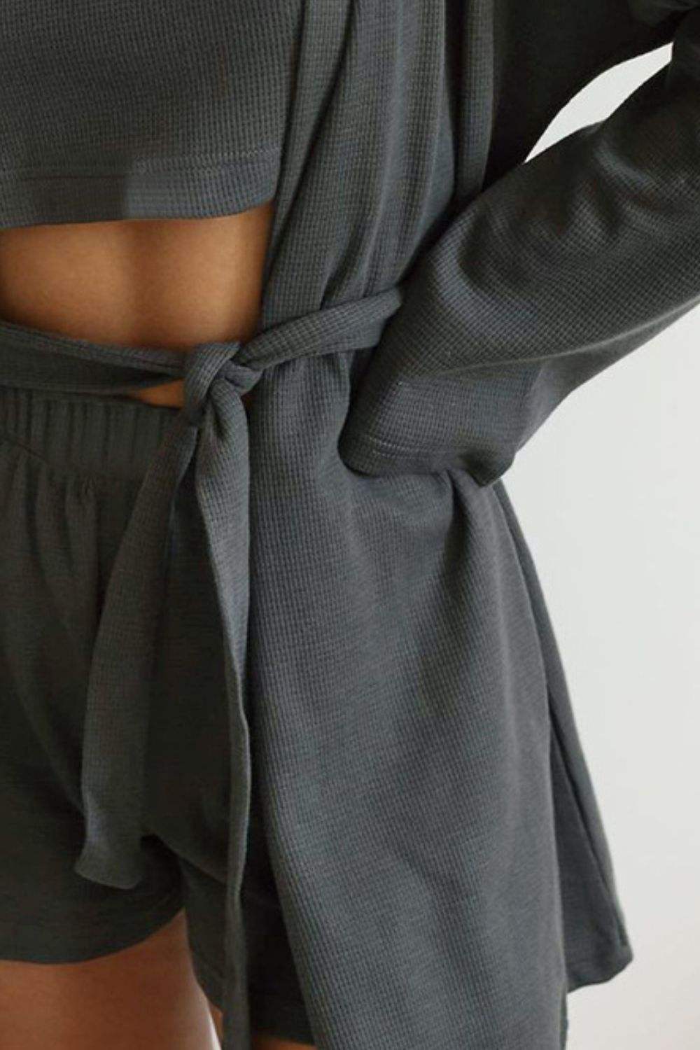 Waffle-Knit Round Neck T-Shirt, Open Front Cardigan and Shorts Set - Trendsi - Flyclothing LLC