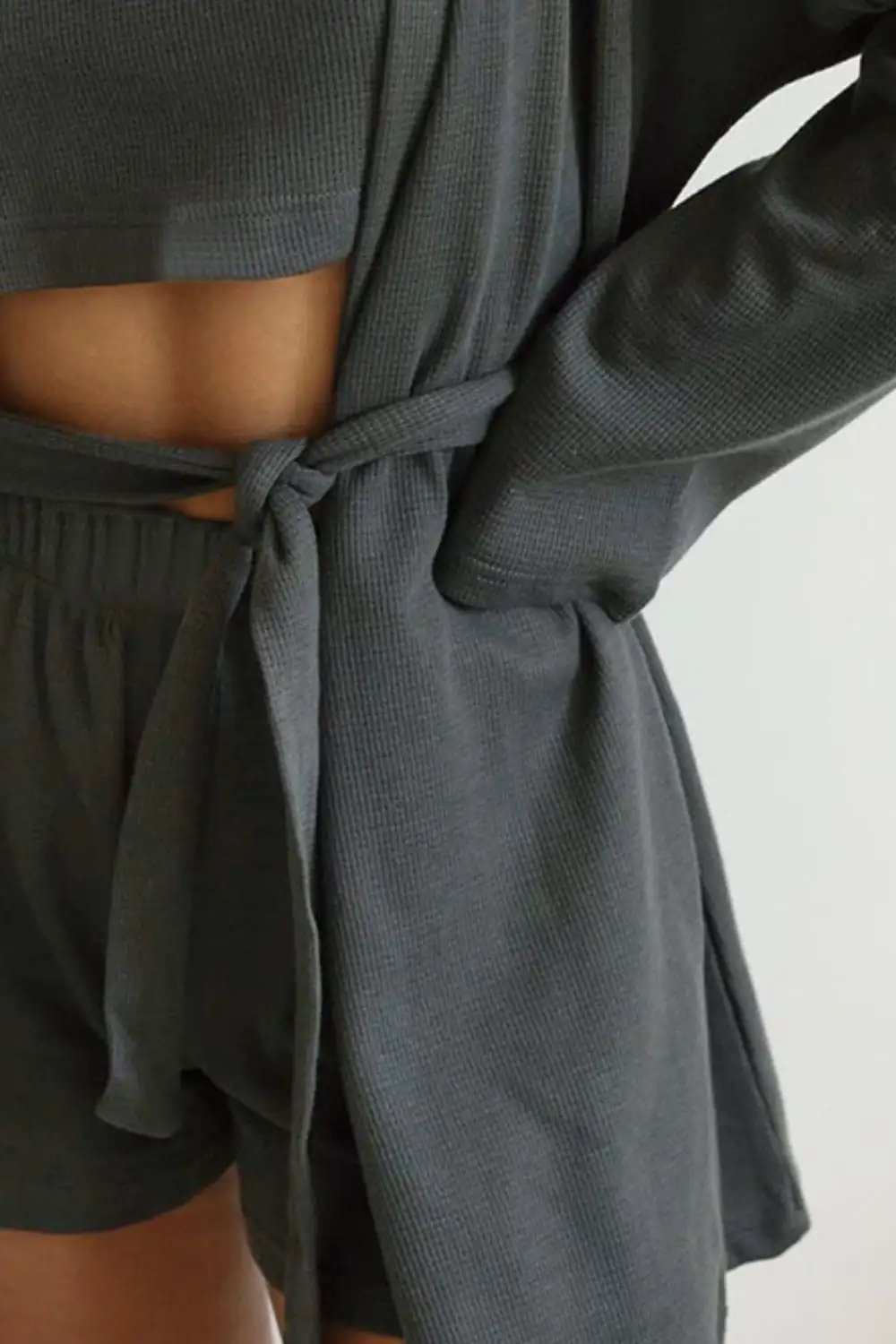 Waffle-Knit Round Neck T-Shirt, Open Front Cardigan and Shorts Set - Trendsi - Flyclothing LLC