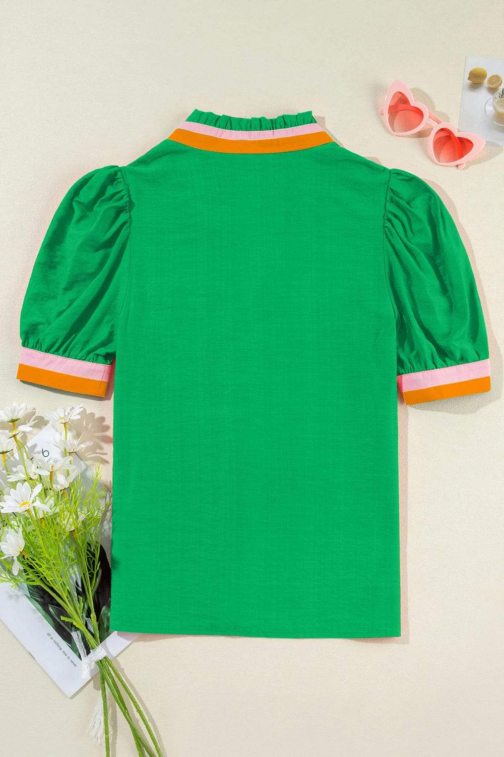 Contrast Trim Notched Short Sleeve Blouse - Trendsi - Flyclothing LLC