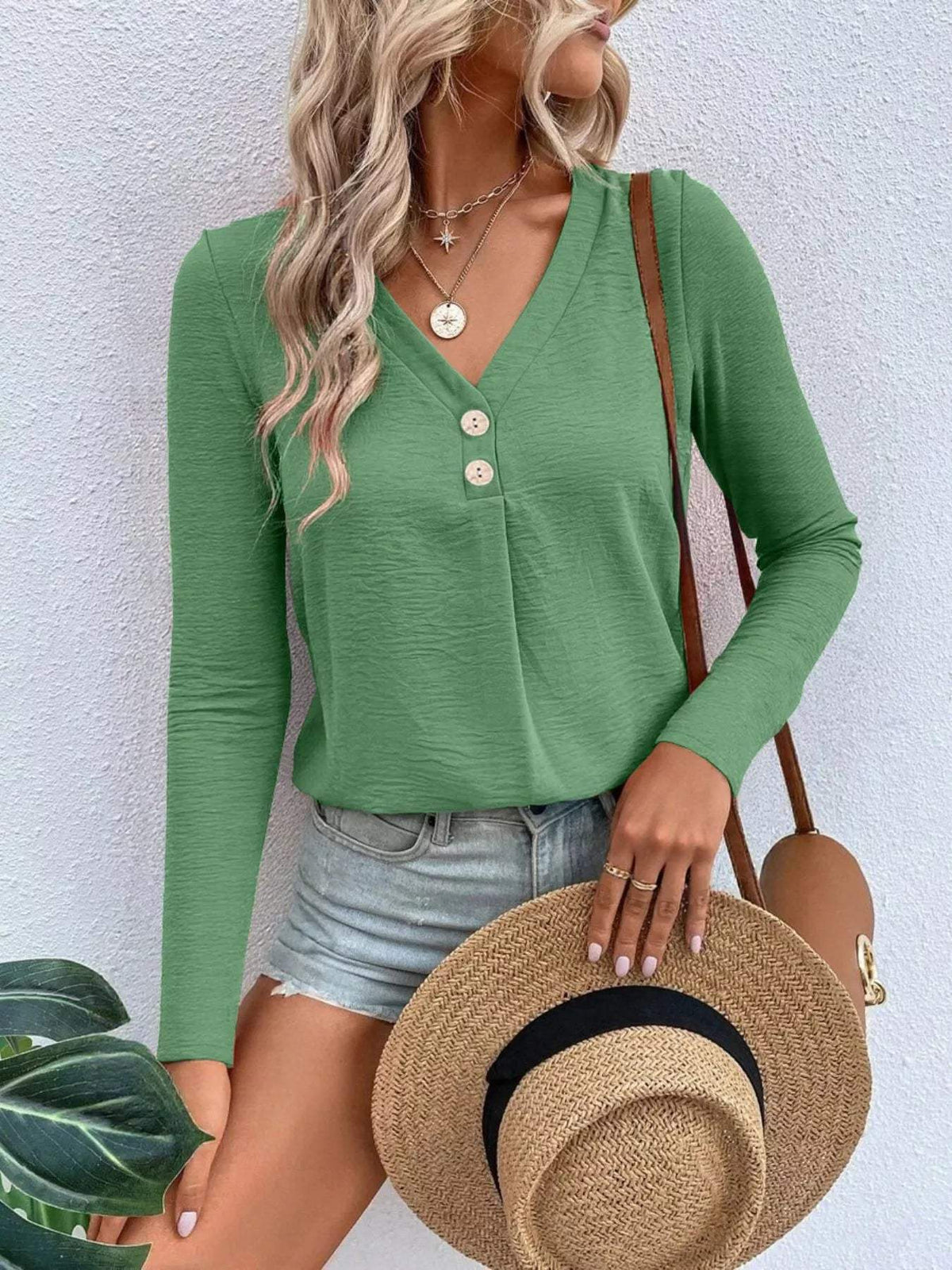Full Size V-Neck Decor Button Long Sleeve T-Shirt Plus Size - Trendsi - Flyclothing LLC