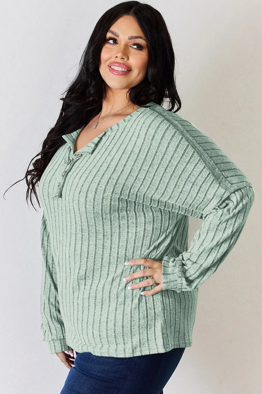 Basic Bae Full Size Ribbed Half Button Long Sleeve T-Shirt - ShopBasicbae - Flyclothing LLC