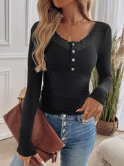 Devine Lace Detail Round Neck Long Sleeve T-Shirt - Trendsi