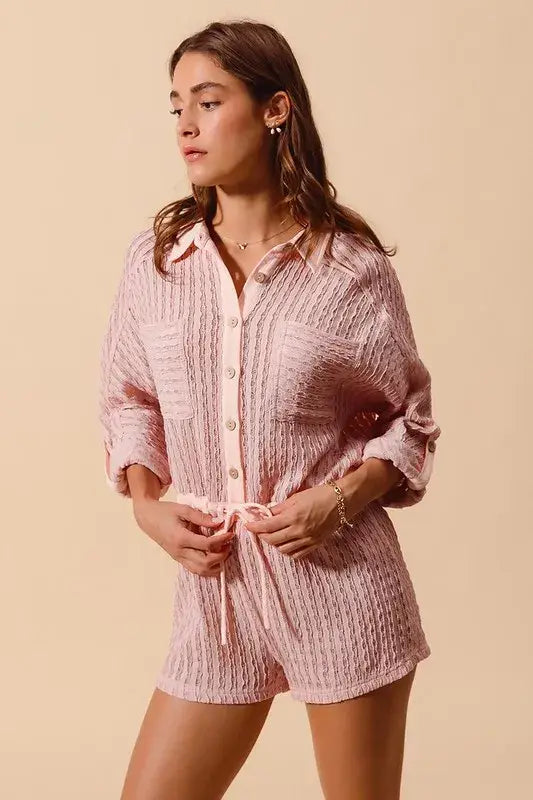 SO ME Textured Knit Button Front Romper - Trendsi - Flyclothing LLC