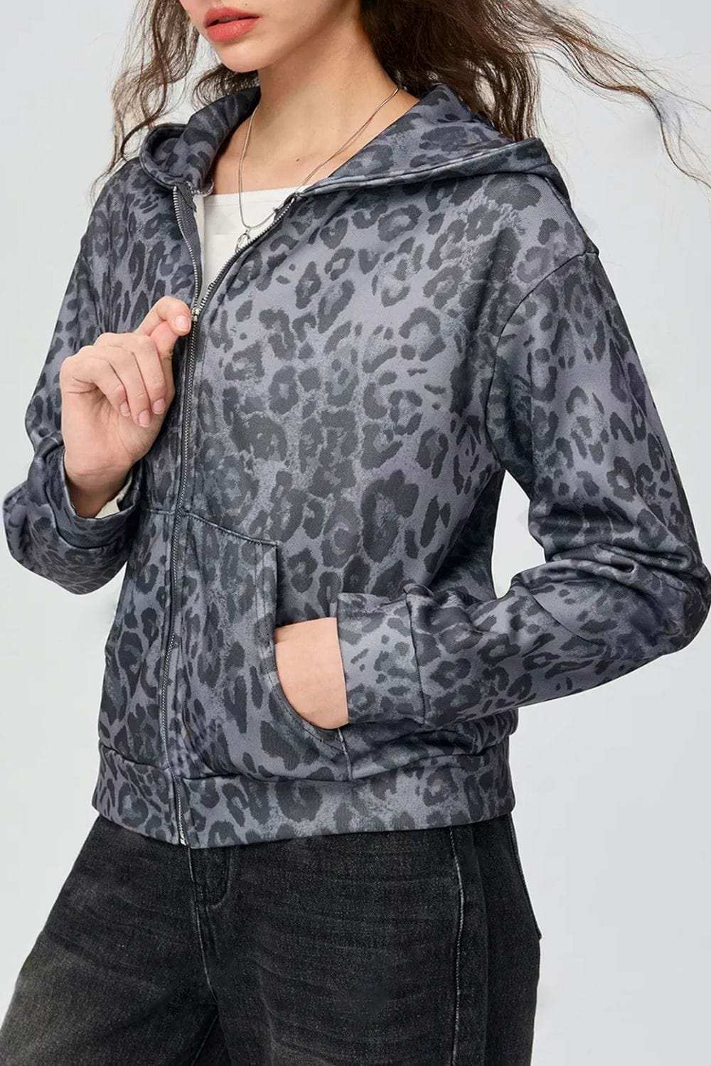 Pocketed Leopard Zip Up Hooded Jacket - Trendsi - Flyclothing LLC