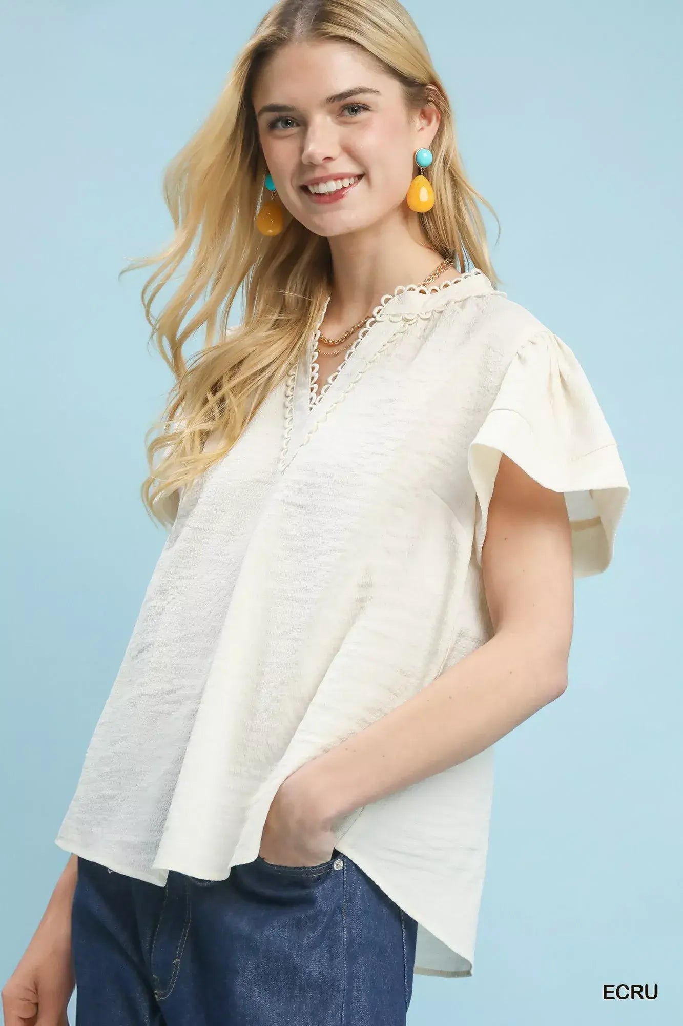 Umgee Seersucker Short Sleeve Top with Lace Trim - Trendsi - Flyclothing LLC