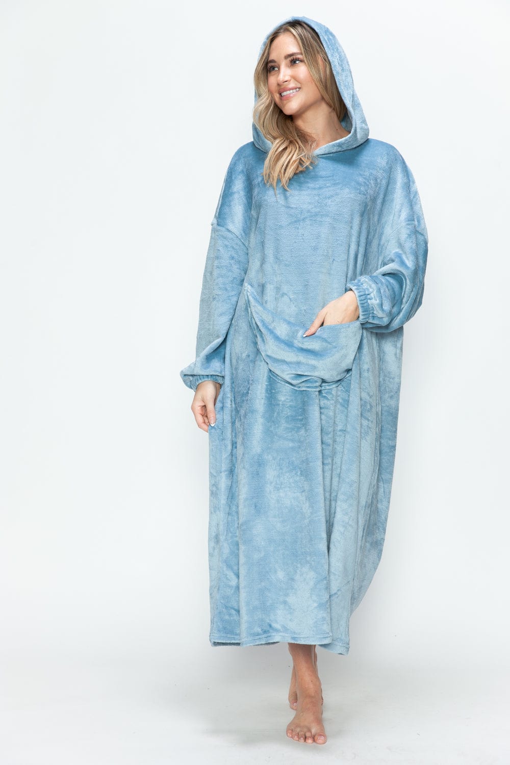 Double Take Full Size Pocketed Hooded Midi Lounge Dress - Trendsi