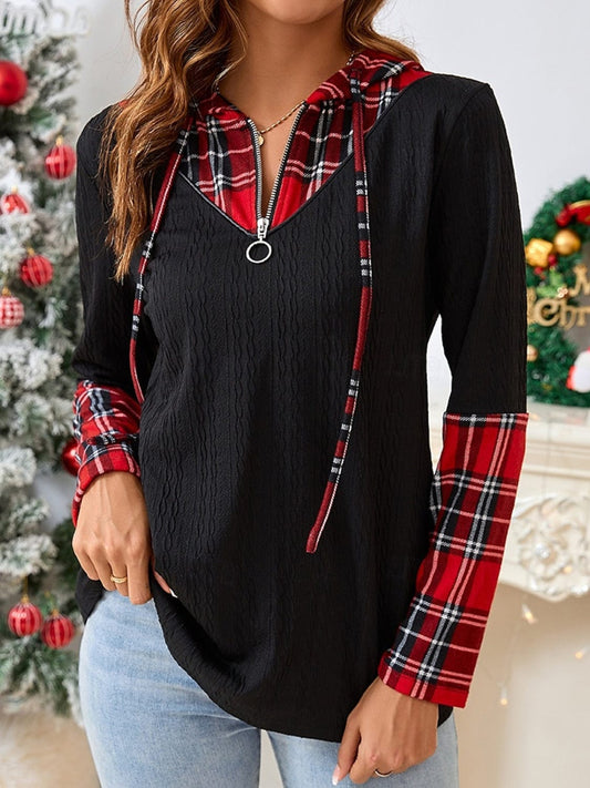Plaid Quarter Zip Hooded T-Shirt - Trendsi