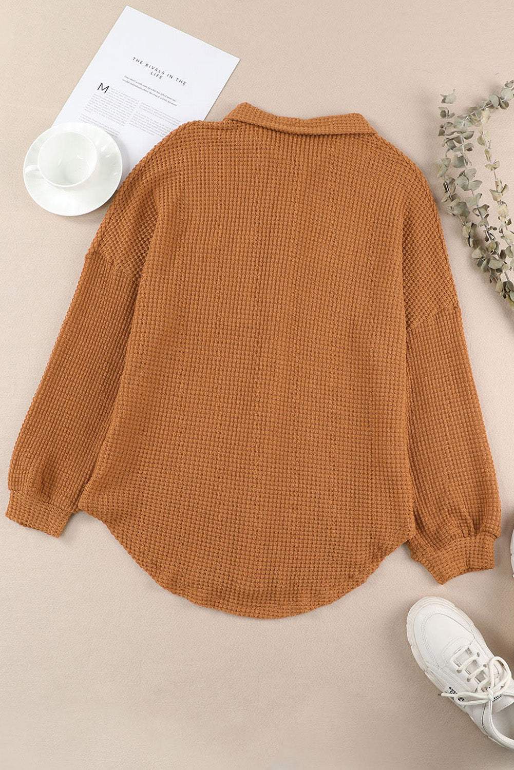 Waffle-Knit Collared Neck Long Sleeve Shirt - Trendsi - Flyclothing LLC